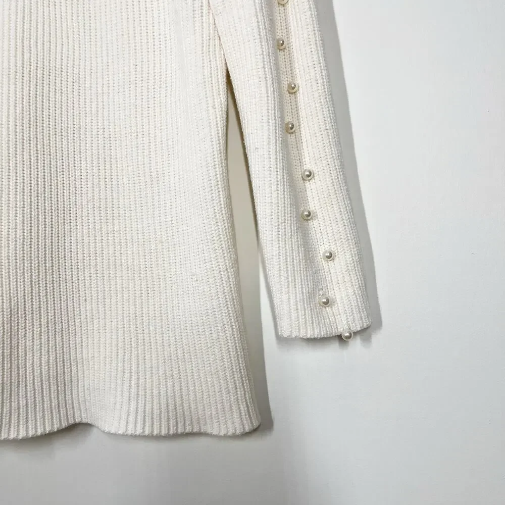 Ann Taylor Cotton‎ Blend White Pearled Sleeves Boat Neck Sz M Pullover Sweater